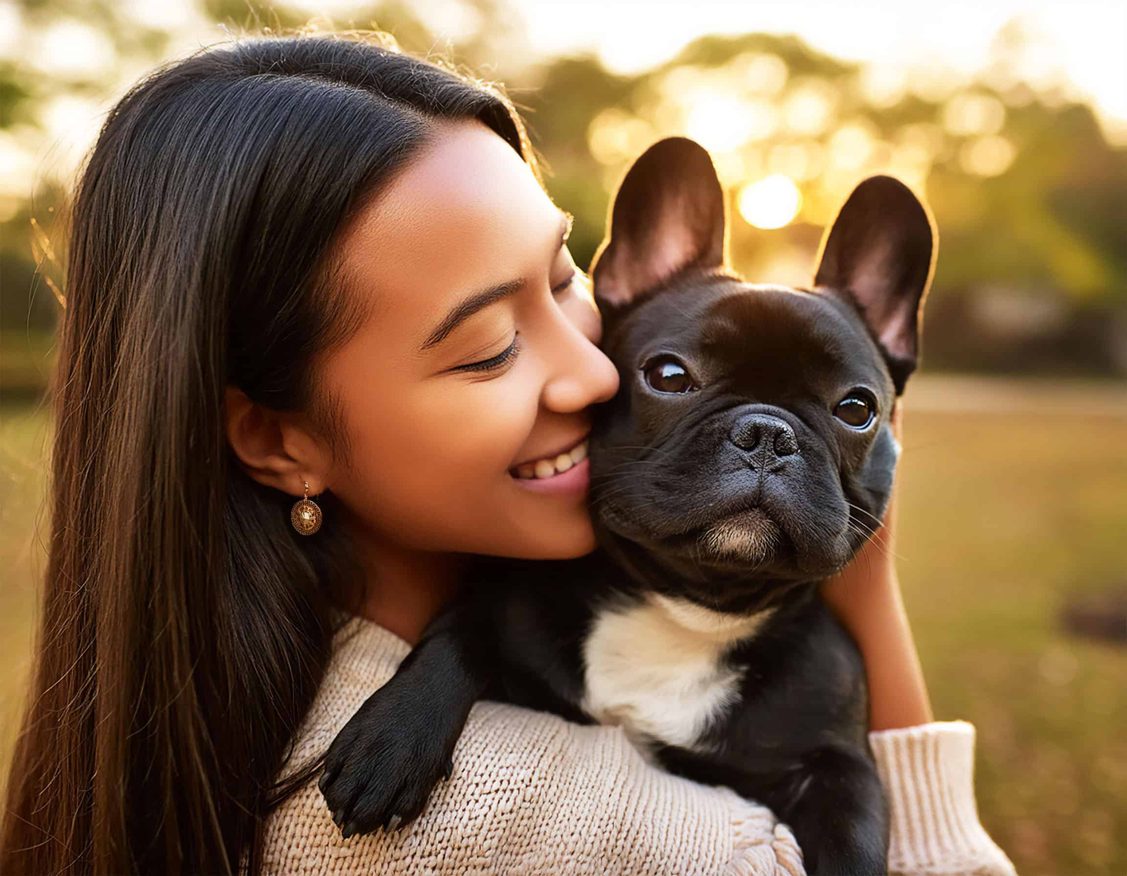 Woman holding her dog, an emotional support animal
